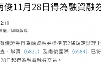 上櫃股票南俊國際、聯寶28日起得為融資融券