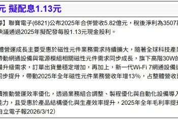 聯寶25年1.13元 擬配息1.13元